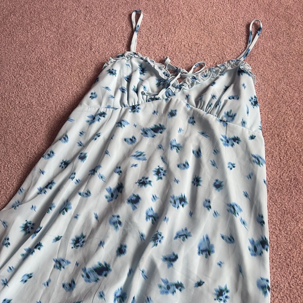 Ruffle Trim Slip Mini Babydoll Blue Floral Spaghetti Strap Dress Size Large - Picture 6 of 8